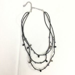 Yausi Black Seed Bead Silver Tone Lobster Clasp Three Tier Bib Necklace